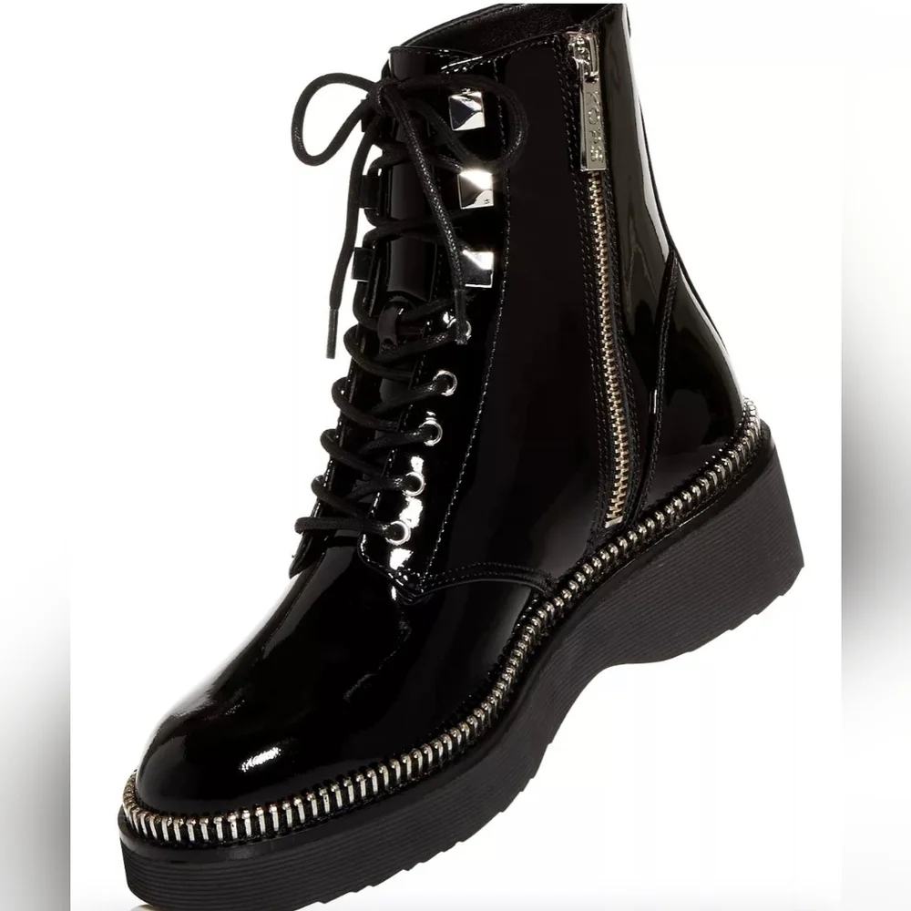 NWT Michael Kors Haskell Black Patent Leather Combat Boots Zipper Trim 8.5